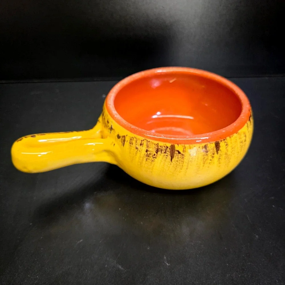 Crate & Barrel Soup Bowl Unisex Small Yellow Orange Ceramic Rustic Handle Crock